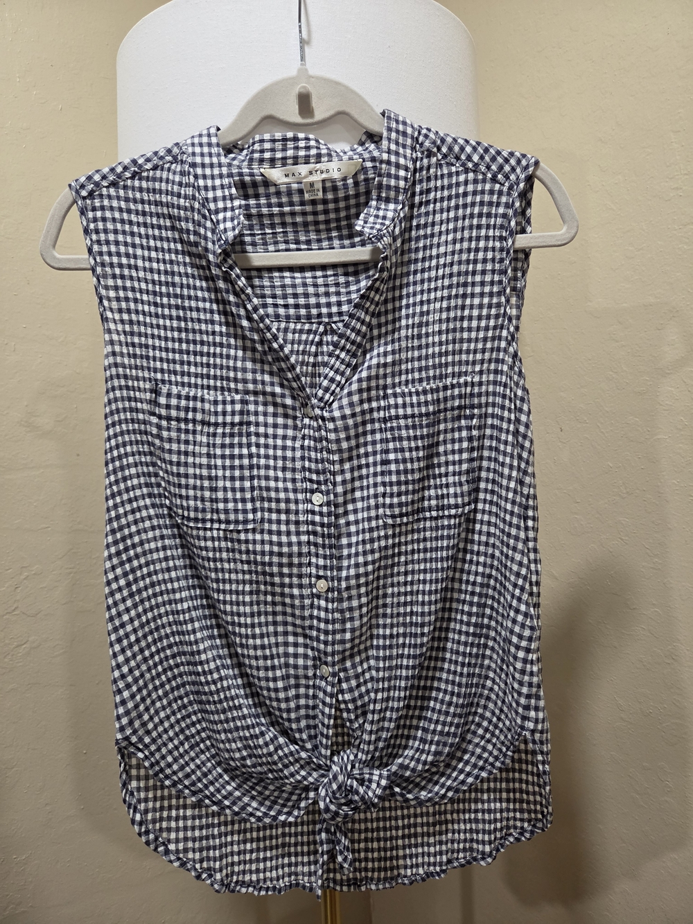 Max Studio Navy Blue & White Gingham Tie-Front Sleeveless Top